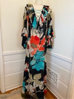 Pnina Tornai Resort 100% Silk Chiffon Floral Ruffle Lace Up Maxi Dress XS/S